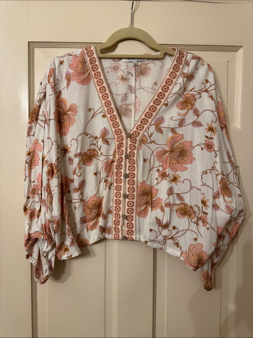 Rose & Olive Floral V-Neck Peasant Tunic in Pink and Brown